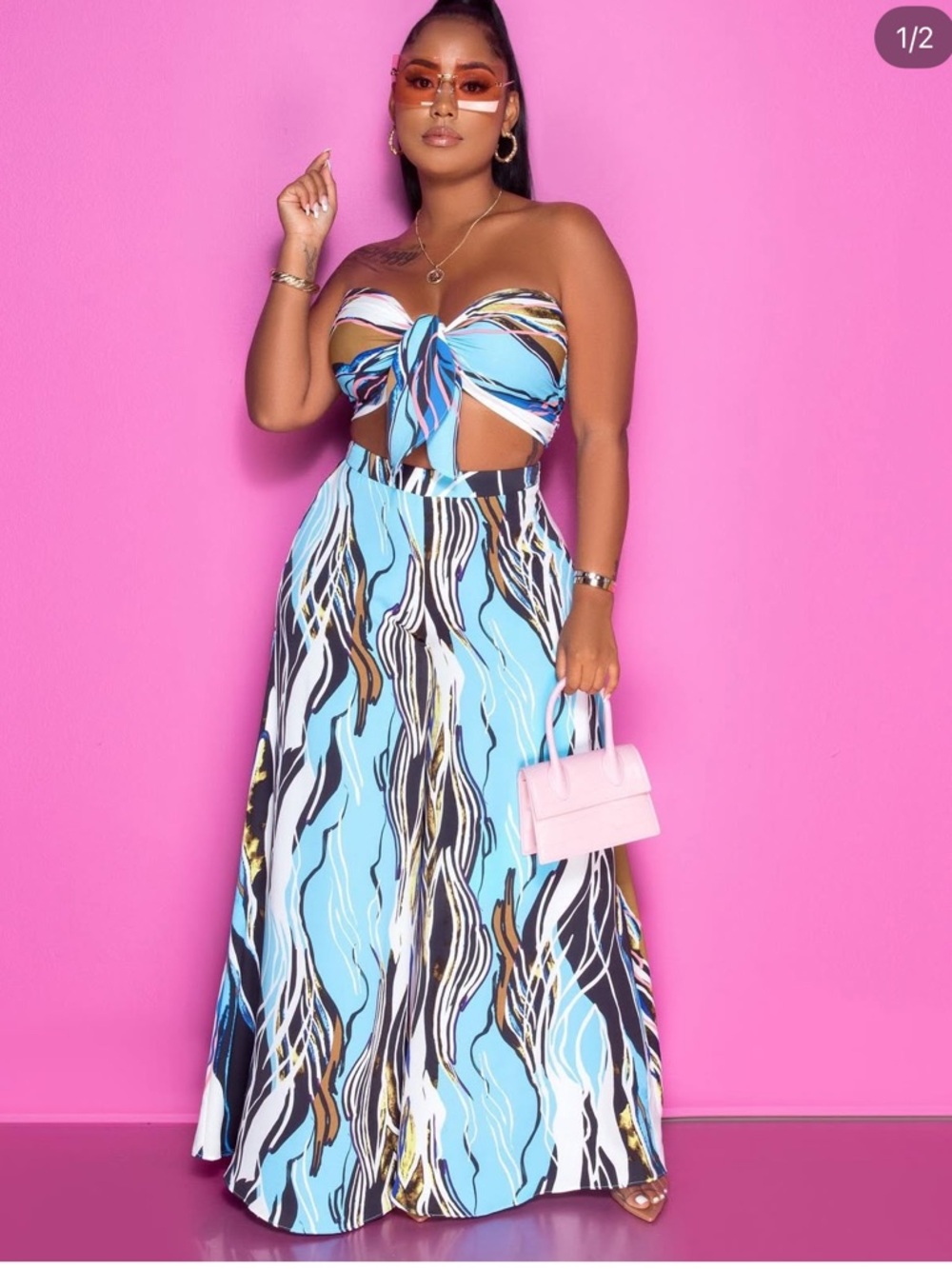 Sky Wave Wide  Legs Pants with matching top set- Blue Pattern NWT